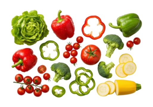 Artfully arranged vibrant fresh lettuce, bell peppers, broccoli, tomatoes, zucchini with sparkling water droplets, 45-degree shot on seamless transparent background, healthy food concept