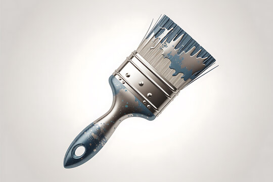A used paintbrush with blue paint residue against a bright background.