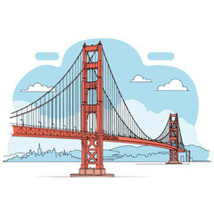 Fototapeta premium Iconic Golden Gate Bridge illustrated against a sky and clouds. Golden Gate Bridge, an illustration of architectural design, showcasing its majestic towers and intricate cable system.