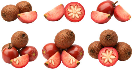 Fresh whole and sliced lychee fruit set on white background, tropical exotic fruit for healthy eating and cooking