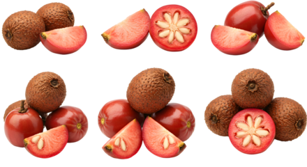 Fresh whole and sliced lychee fruit set on white background, tropical exotic fruit for healthy eating and cooking