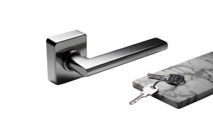 Modern door handle and keys on marble surface