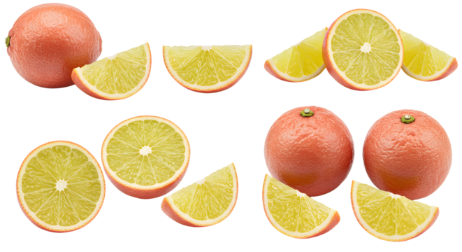 Fresh pink grapefruits and lime slices isolated on white background, healthy citrus fruit close-up for cooking or nutrition