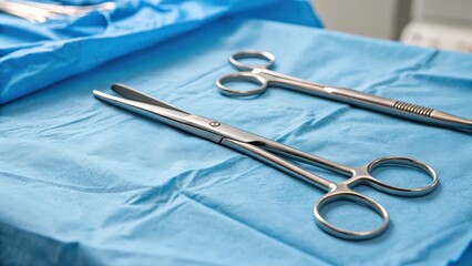 Surgical instruments on blue surgical cloth in medical setting
