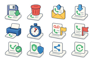 Isometric Call Action Icons. Call Log Actions isometric set. save call record, delete call log, export call history, download call record, print call log, call duration icon