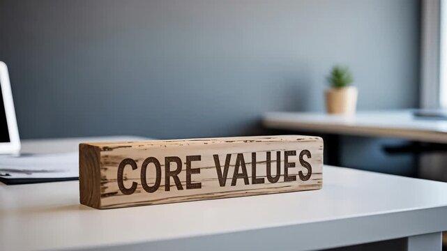 Wooden piece with the inscription &ldquo;core values&rdquo; in a minimalist office. Organizational culture and ethical decision-making compass as a concept.