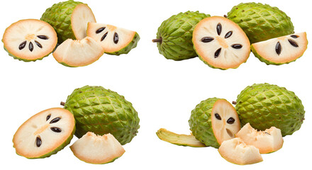Set of cherimoya fruit halves and whole fresh cherimoya with green scaly skin and creamy white flesh, perfect for healthy fruit recipes and exotic food presentations