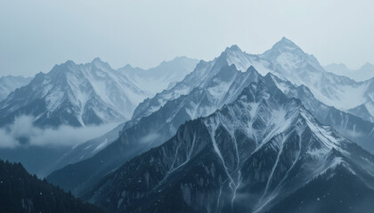 Fototapeta premium A vast mountain range during a gentle snowfall, wrapped in mist