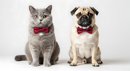Adorable british shorthair cat and pug dog wearing red bow ties together