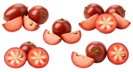 Fresh whole and sliced miracle fruit berries showing unique red exterior and star-shaped inner flesh, perfect for food photography and healthy eating concepts