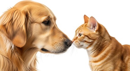 Golden retriever dog and orange tabby cat face to face on white background
