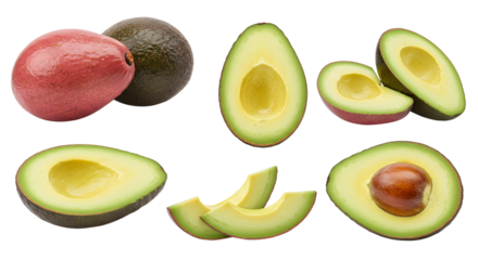 Collection of ripe avocados with slices and halves isolated on white background, fresh healthy fruit perfect for cooking and nutrition
