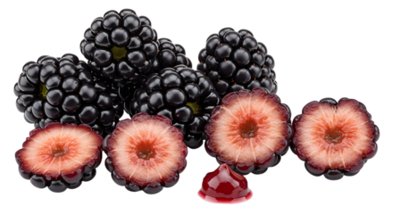 Close-up of fresh blackberries and halved blackberries with juicy red centers, perfect for healthy recipes or fruit-themed designs
