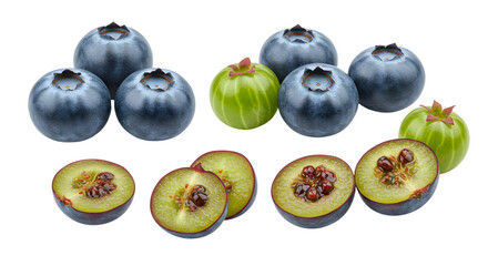 Fresh blueberries and fresh gooseberries with halves showing seeds and texture, healthy antioxidant fruits, perfect for food or nutrition content