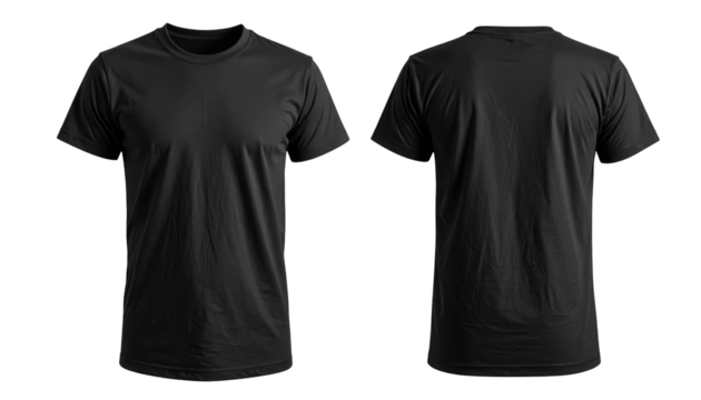 Black blank t shirt template from two sides isolated on white and transparent, background Remove png
