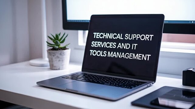 Open laptop displays technical support services and it tools management. Reliable help desk and lifecycle governance concept.