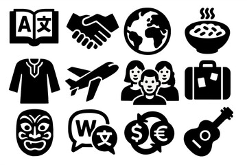 Cultural Icons Set. Cultural adaptation silhouette set. translation book, handshake, globe, food bowl, traditional clothing, airplane, diverse people, suitcase, festival mask