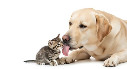 Adorable kitten and friendly labrador retriever dog sharing a tender moment together