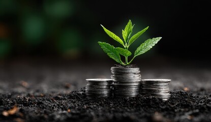 Green plant growing from stacks of silver coins symbolizing financial growth and investment success