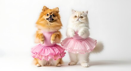 Adorable pomeranian dog and fluffy cat wearing pink tutu dresses standing together
