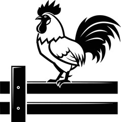 Naklejka premium Rooster standing on wooden fence. Domestic animal farm chicken bird. Line art black and white style. Vector illustration for logo, icon, sign