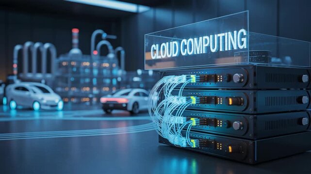 Server stack with glowing cloud computing label in a smart factory. Scalable platform for connected vehicle and edge concept.