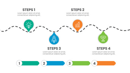 Modern business roadmap infographic for project planning and milestones. Timeline layout with step-by-step process chart for strategy presentation and workflow visualization. Vector illustration