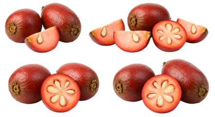 Fresh pink palm fruits with sliced sections showing star-shaped seeds, isolated on white background, perfect for food and health content