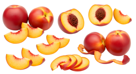 Fresh red nectarines whole and sliced with pit on white background, healthy summer fruit, perfect for recipes and food presentations