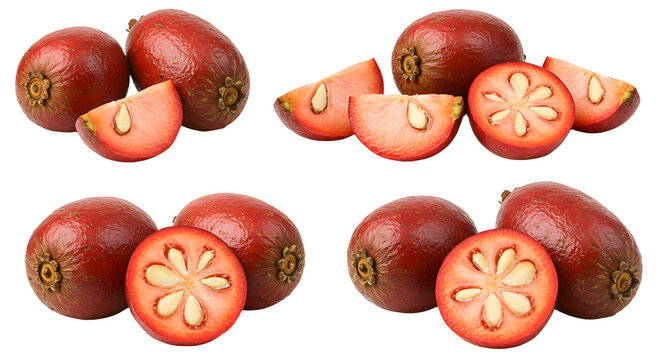 Fresh pink palm fruits with sliced sections showing star-shaped seeds, isolated on white background, perfect for food and health content