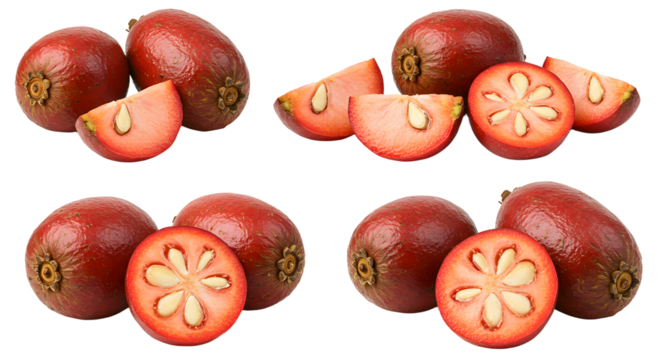Fresh pink palm fruits with sliced sections showing star-shaped seeds, isolated on white background, perfect for food and health content