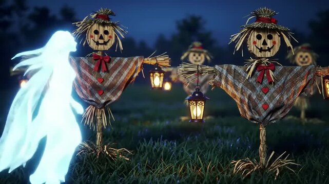 Glowing ghost floats past scarecrows holding lanterns in grassy field at night, creating spooky and mysterious atmosphere.