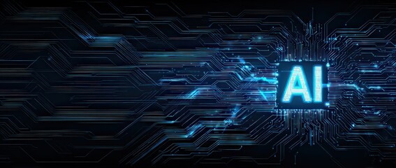 Digital Circuit Board with Blue Glowing AI Text on Black Background