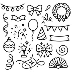 Festive Outline Decorations. Festive decor outline set. garland, ribbon, bow, wreath, bunting, streamer, balloon, confetti, party hat, banner, ornament, star topper, festive bow