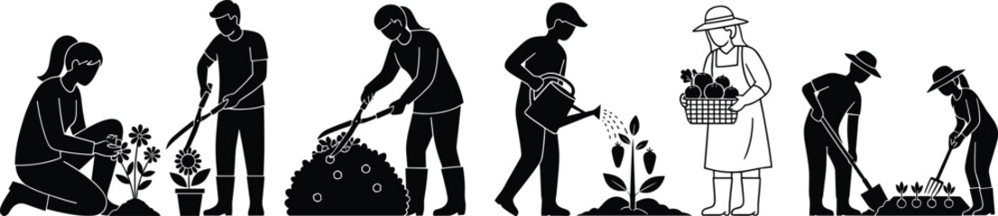 Gardening silhouette illustration, planting, pruning, watering, harvesting, digging, eco-friendly activity, black vector icons, garden tools, outdoor work, nature care, soil