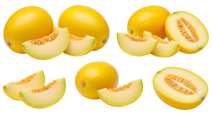 Fresh whole and sliced yellow melons isolated on white background, ripe delicious fruit for healthy eating and summer recipes