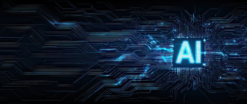 Digital Circuit Board with Blue Glowing AI Text on Black Background - Powered by Adobe