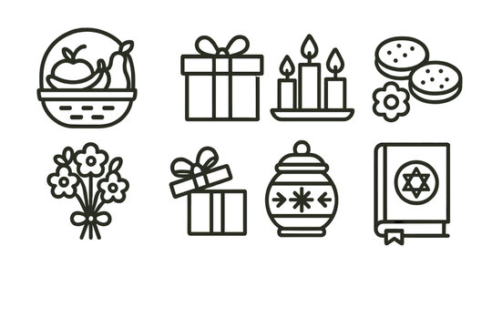 Festive Gift Icons. Festive offerings outline set. fruit basket, wrapped present, candle set, sweet treats, flower bundle, ribboned box, ornamented jar, symbolic book.