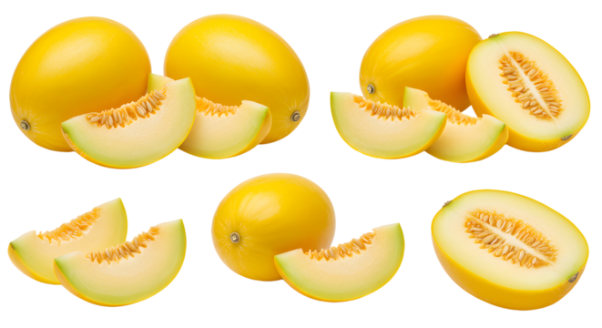 Fresh whole and sliced yellow melons isolated on white background, ripe delicious fruit for healthy eating and summer recipes