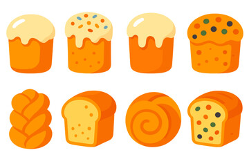 Colorful Festive Bread Icons. Festive bread flat icon set. sweet loaf, holiday cake bread, glazed top loaf, loaf with icing, fruit-studded bread, braided festive loaf, sliced sweet