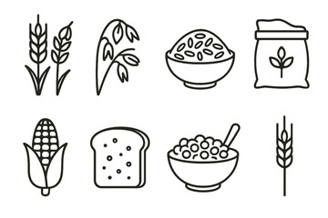 Grain Icons Collection. Natural grains outline set. grain stalks, oat flakes, rice icon, grain sack, corn cob, bread slice, cereal bowl, barley stem.