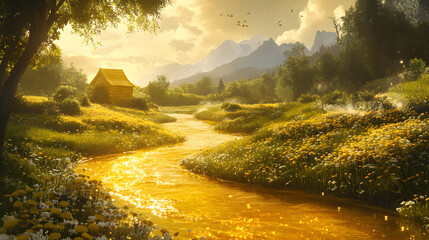 A tranquil river flows through a meadow of wildflowers, with a quaint cottage nestled among trees, all bathed in warm, golden sunlight