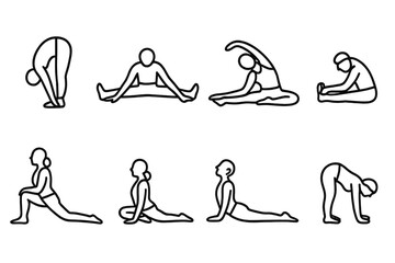 Yoga Poses Icons. Stretching poses outline set. forward fold, wide-legged stretch, side bend, seated forward bend, lunge pose, pigeon pose, cobra pose, cat-cow pose.
