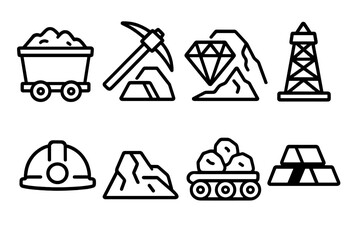 Mining Icons Pack. Resource Data Mining outline set. mining cart, pickaxe, gemstone, gold bar, mountain, drilling rig, hard hat, conveyor belt.
