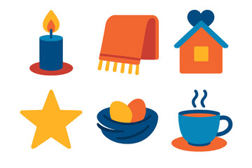 Cozy Icons Collection. Compassionate care flat icon set. candle, blanket, home, star, nest, cup of tea.