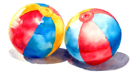 Two colorful vibrant watercolor beach ball for the summer, beach ball on white background, colorful beach ball
