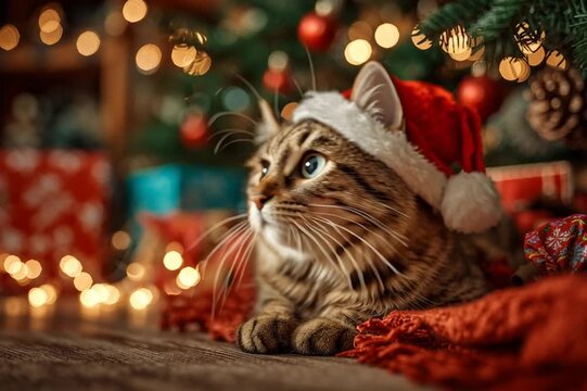 Whimsical holiday pet photography hyperrealism alternative scene featuring different pets in Christmas setting with various festive elements and charming animal behaviors during holiday season.