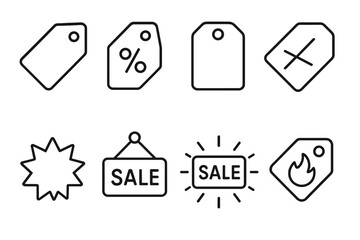 Sale Tags Icons. Sale tags outline set. discount tag, percent-off tag, clearance tag, slashed price tag, starburst tag, weekend deal tag, flashing SALE tag, hot deal tag.