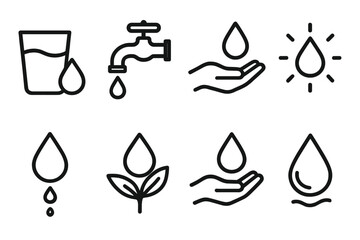 Hydration Icon Set. Hydration icon outline set. glass with drop, faucet with droplet, hand with water drop, glowing dew, dripping symbol, eco water, drop in palm, flowing bead.