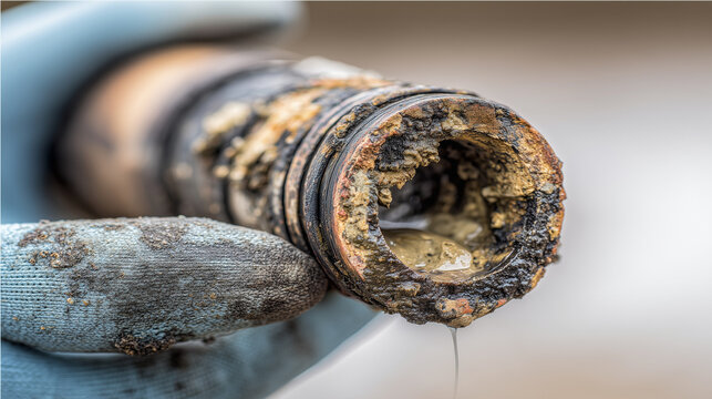 Close-up of a clogged plastic drain pipe held by a gloved hand, with a finger pointing to heavy buildup inside. Concept of blocked drain, limescale/grease deposits, plumbing problem, home maintenance.